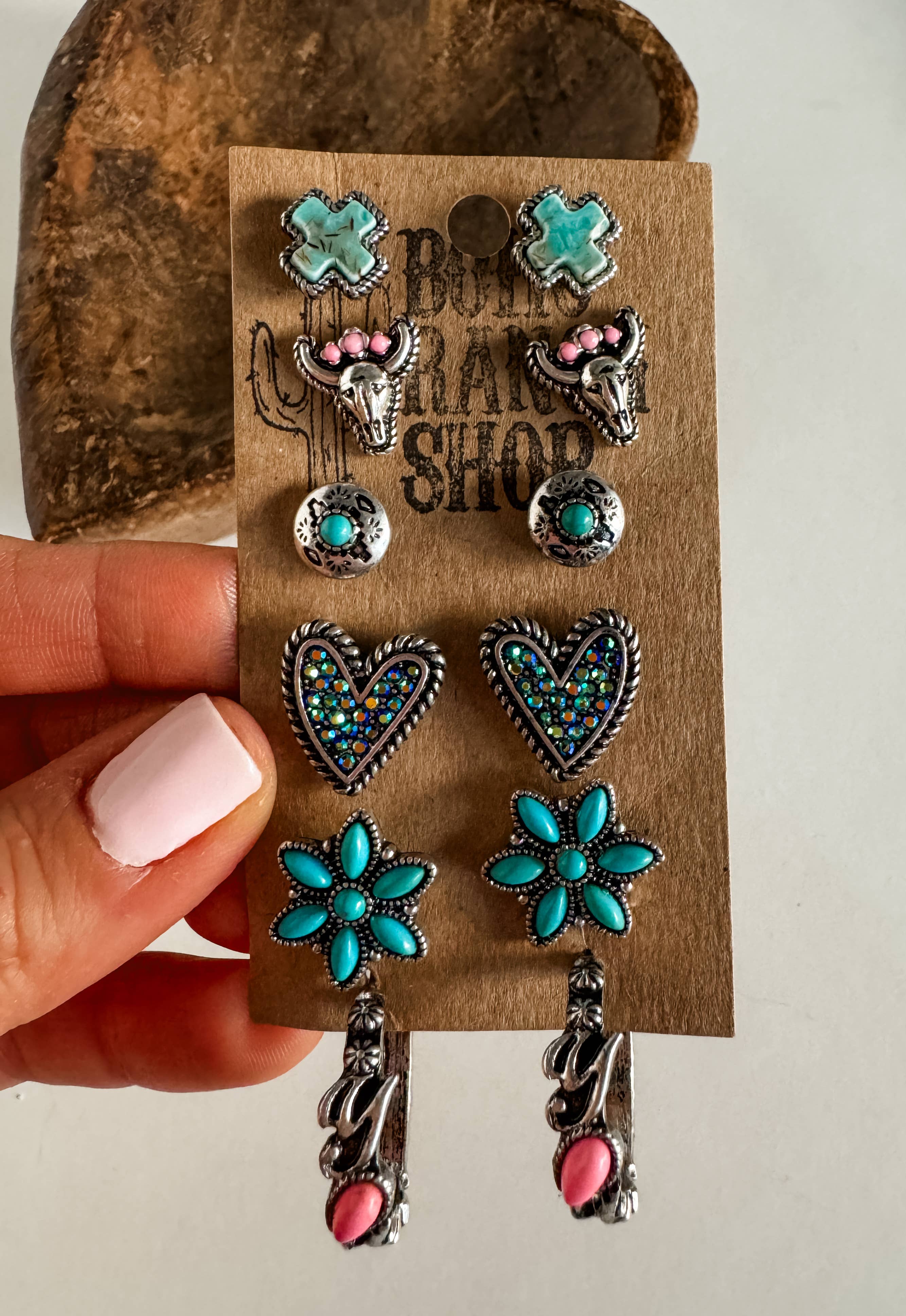 Boho Ranch Shop - Wholesale Jewelry Set - 6 Pair Western Navajo Style Rhinestone Stud Stud Earring Set2