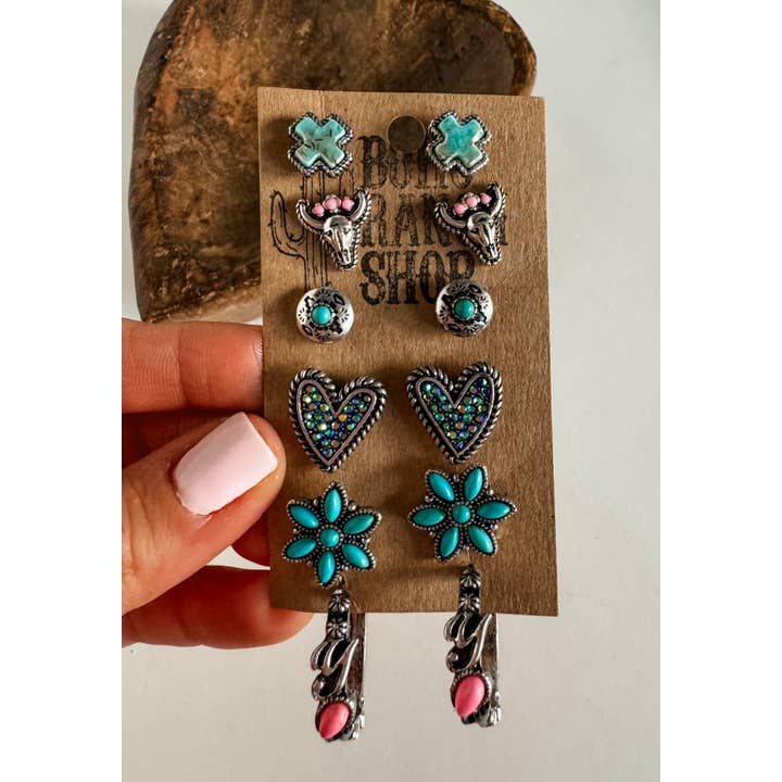 Boho Ranch Shop - Wholesale Jewelry Set - 6 Pair Western Navajo Style Rhinestone Stud Stud Earring Set2