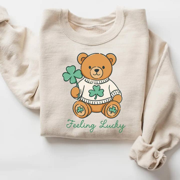 Feeling Lucky Bear St. Patrick's Day Crewneck Sweatshirt for wholesale by Rags Revived