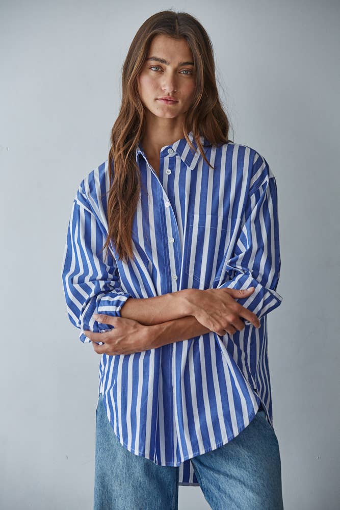 Blue White LAR1050 | Woven Cotton Striped Button Down Shirt Top for wholesale on Faire2