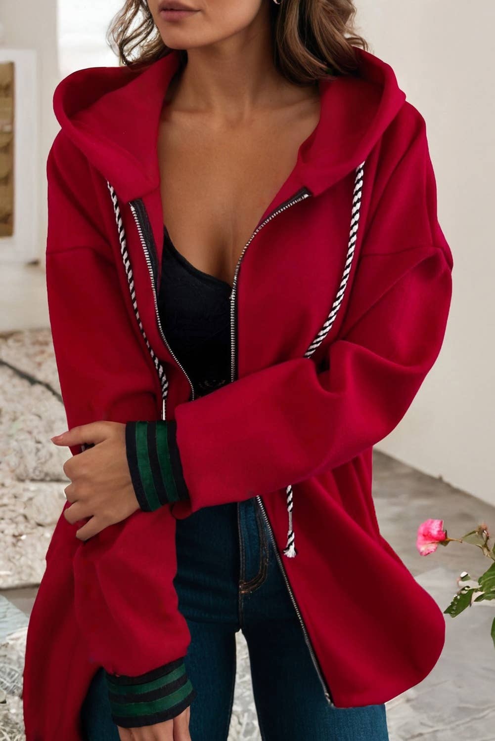 Racing Red  LDC Contrast Cuffed Drawstring Hooded Zip Up Sweatshirt for wholesale on Faire1