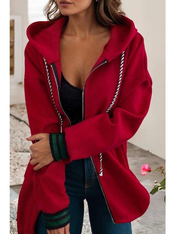 Racing Red LDC Contrast Cuffed Drawstring Hooded Zip Up Sweatshirt for wholesale on Faire1
