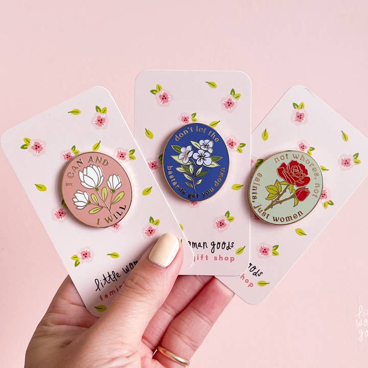 Little Woman Goods - Wholesale Lapel Pin/Button - I Can & I Will Enamel Pin- Empowering Pink Floral Feminist