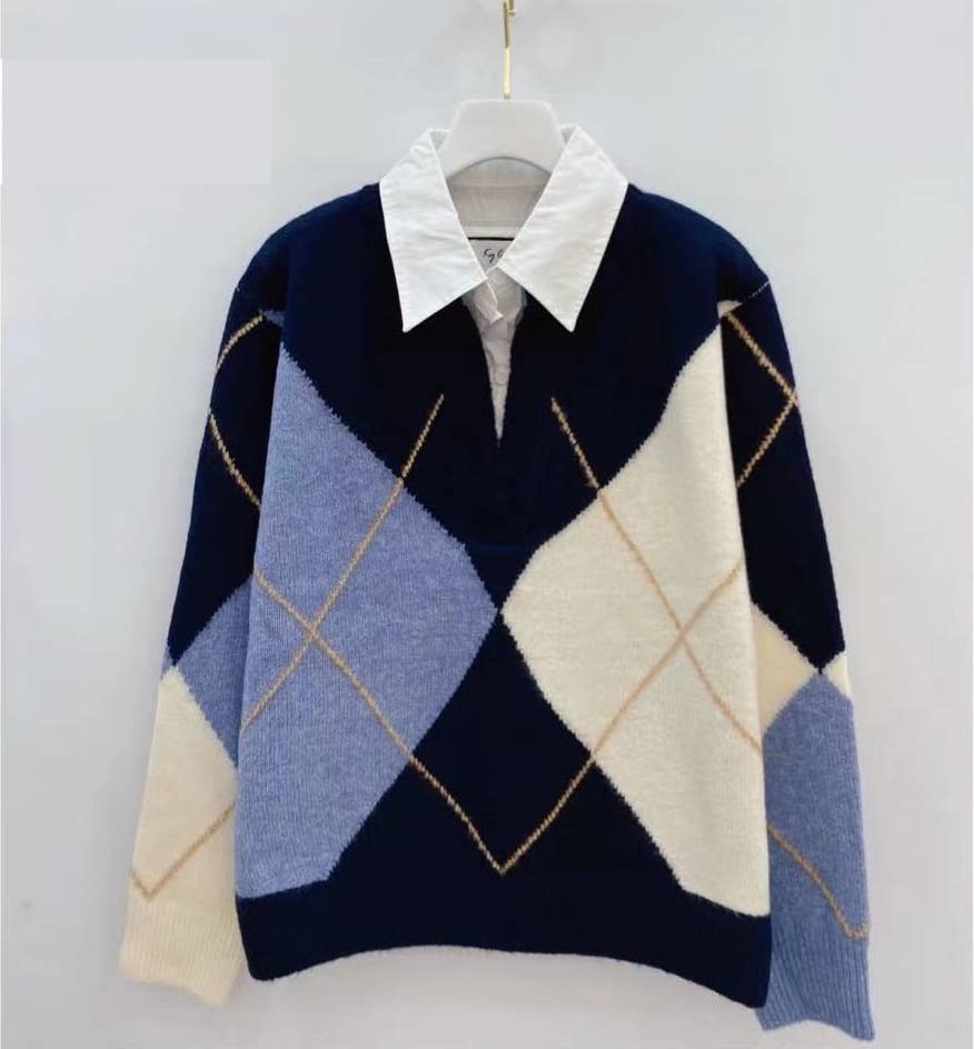 KY CREATION PARIS – wholesale Knitted jumper – Women′s – Diamond-patterned sweater with integrated shirt collar5