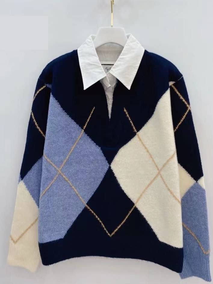 KY CREATION PARIS – wholesale Knitted jumper – Women′s – Diamond-patterned sweater with integrated shirt collar5