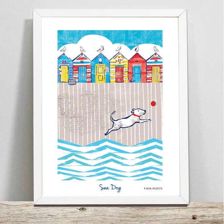 Print A4 - Sea Dog - Nautical - Dog With Ball - Beach Huts for wholesale by Lou Mills