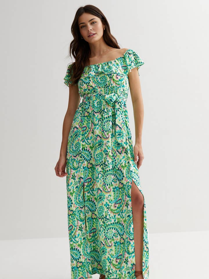 Robe Bardot à imprimé cachemire et taille nouée pour la vente par Cutie London