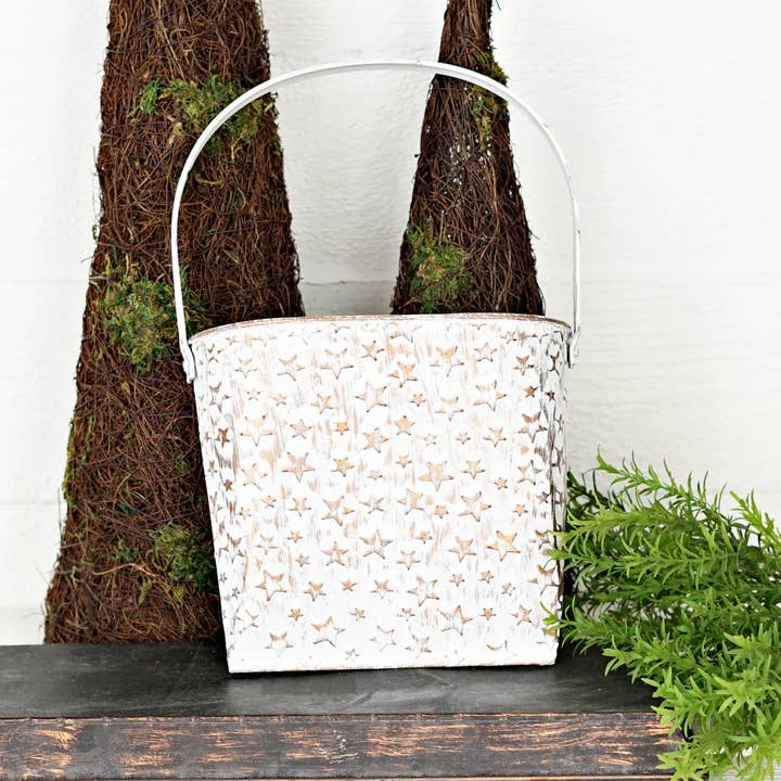 Metal Wall Pocket-Vintage white w. golden star-13.5"Lx8"W for wholesale by Two Ten Original LLC