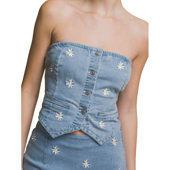 Floral Denim Tube Top Effortless Fit and Flirty Style for wholesale by Blue Bunny Inc