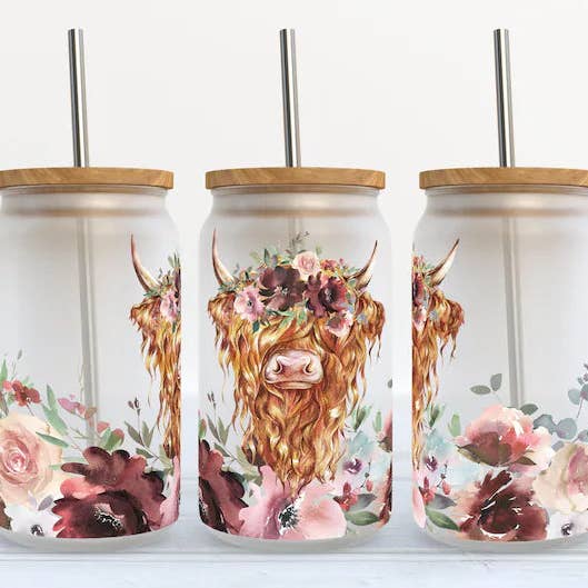 Highland Cow Mauve Floral 16oz Libbey Glass Tumbler for wholesale by Kate Haven Glass Tumblers for Every Occasion