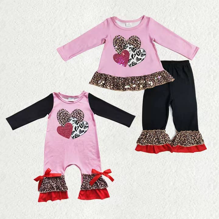 Sibling Baby Girls Leopard Hearts Tunic Ruffle Pants Valentines Clothes Set Footie Rompers for wholesale by Aier Wholesale