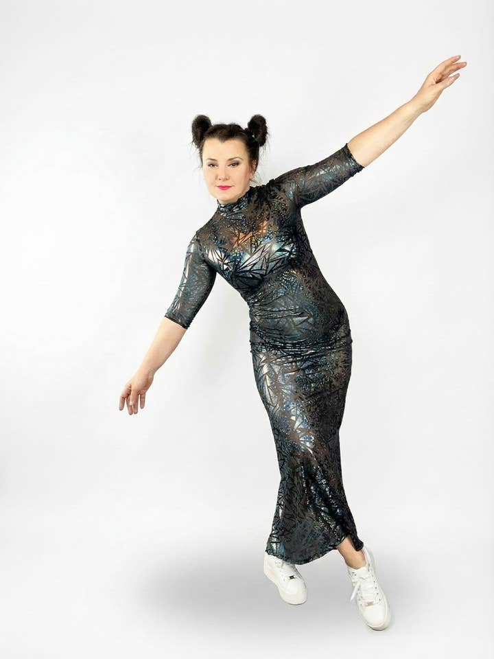 Sheer Mesh Maxi Dress, Holographic Geometric Print Gown, Black Spandex Party Dress, Long Sleeve Festival Outfit, See Through Club Wear for wholesale by Kikimora Fashion