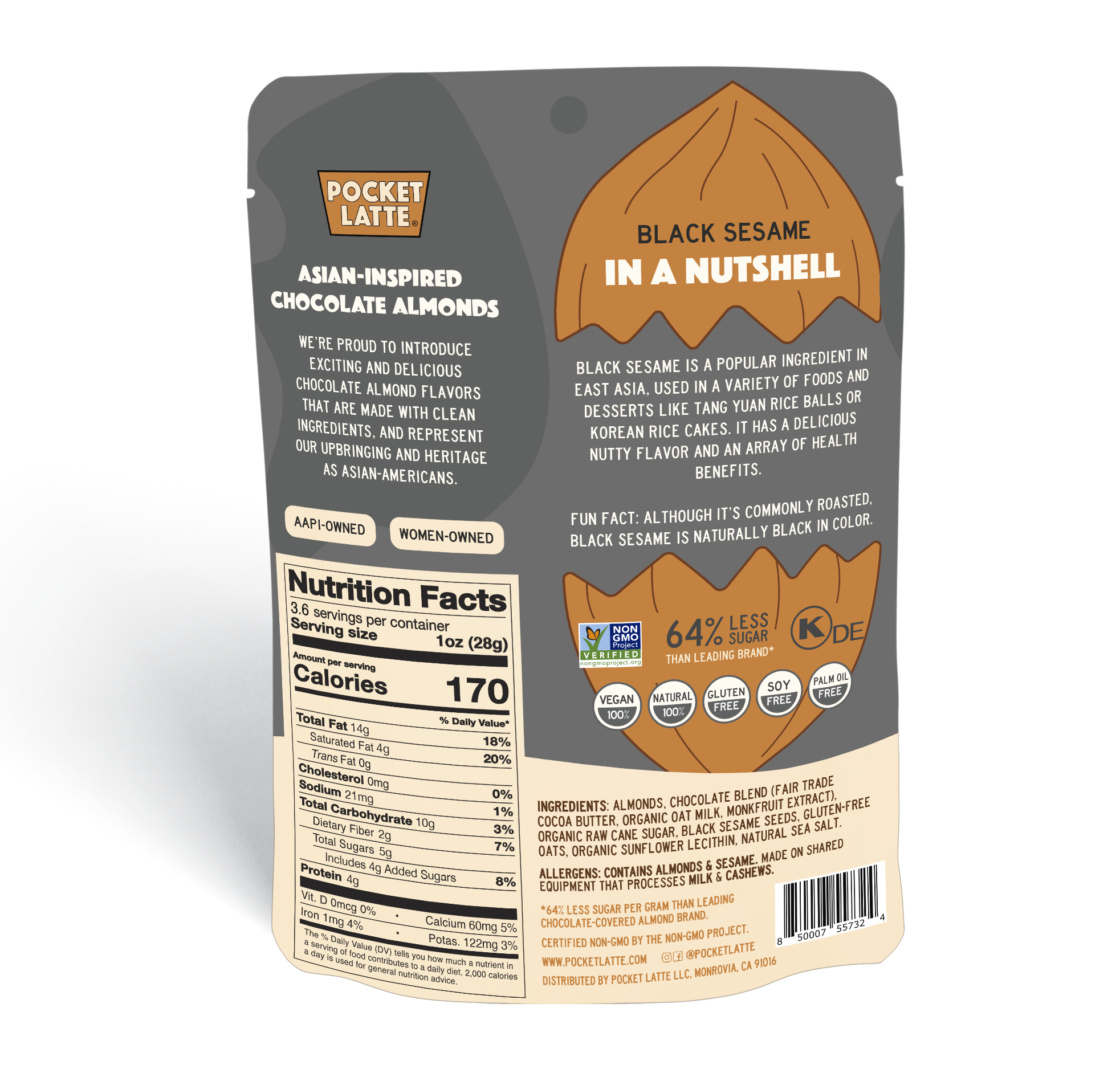 Pocket's Chocolates (Formerly Pocket Latte) - Wholesale Chocolate Covered Sweets - Black Sesame Chocolate Almonds, 3.53 oz Standing Pouch4