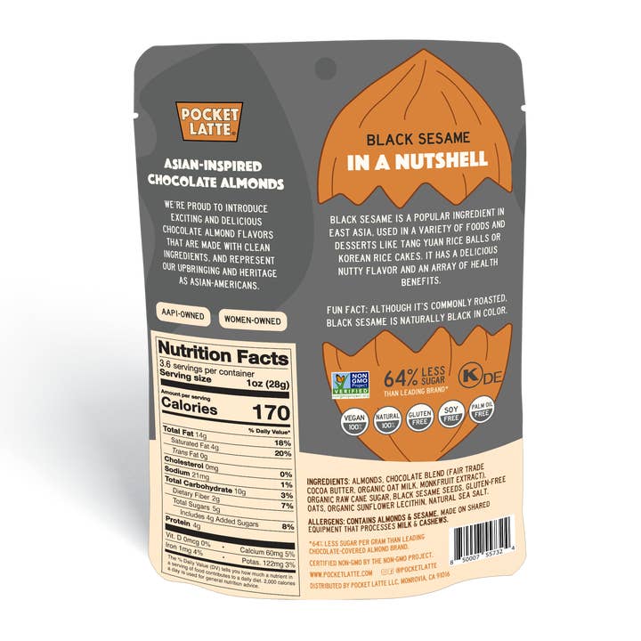 Pocket's Chocolates (Formerly Pocket Latte) - Wholesale Chocolate Covered Sweets - Black Sesame Chocolate Almonds, 3.53 oz Standing Pouch4