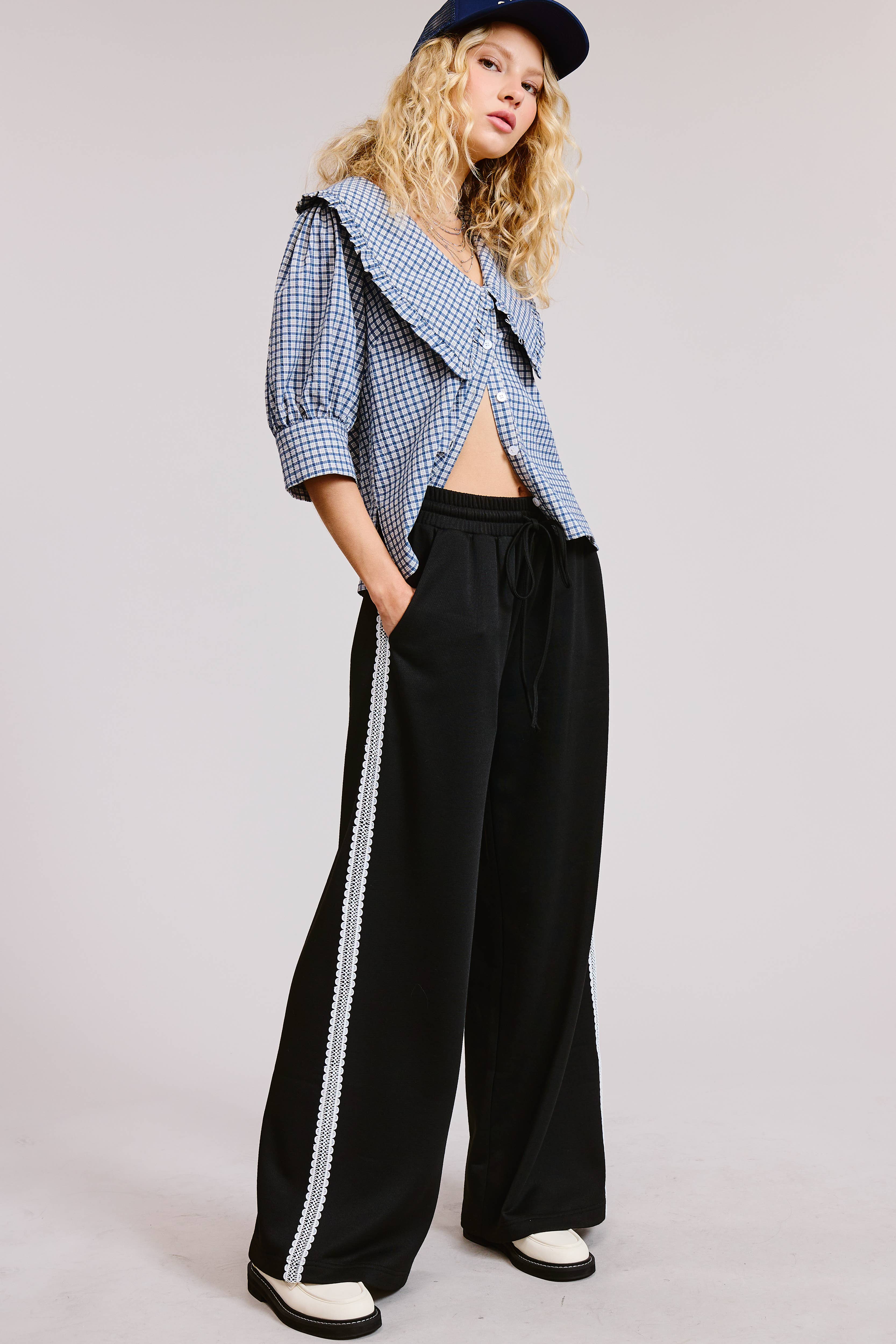 Black Lace Trim Wide Leg Track Pants with Drawstring Waist for wholesale on Faire9