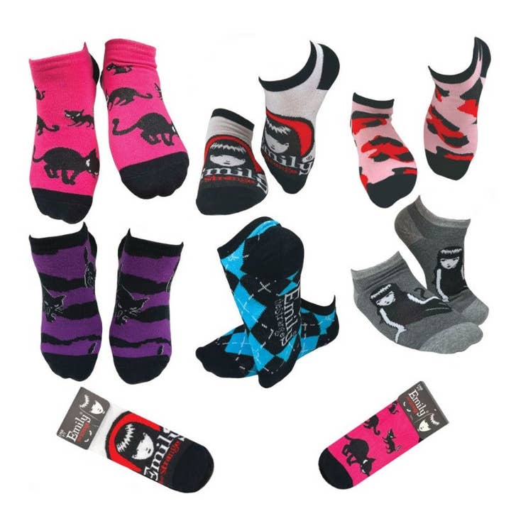 DoodleUS Inc - Wholesale Socks – Women's - Emily the Strange Fun Casual Black Cat Ankle No-Show Socks - 6 Pair (Adult Size)2