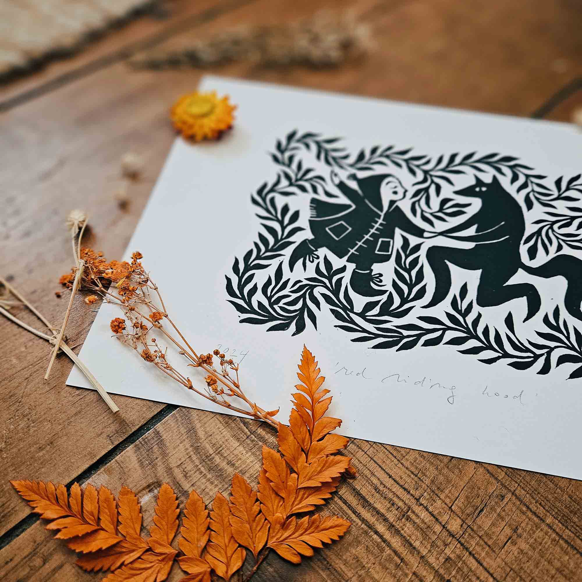 Katia Hinic Studio - Wholesale Art Print - 'Red riding hood' lino print2