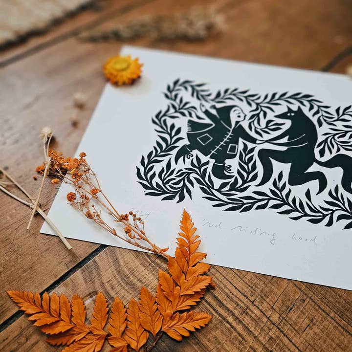 Katia Hinic Studio - Wholesale Art Print - 'Red riding hood' lino print2