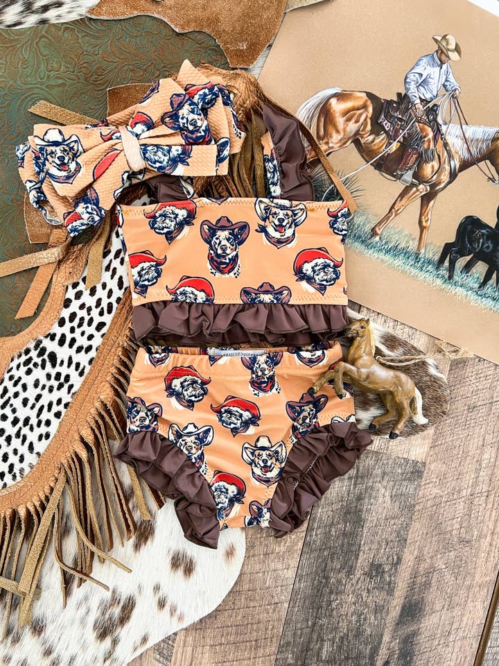 Ranch Dogs W/ Brown Ruffle Two Piece Swimsuit (Minis) for wholesale by Arrow F Apparel