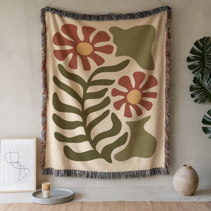 Boho Botanical Cotton Blanket, Modern Sage Green Woven Throw for wholesale by CasaIuliia