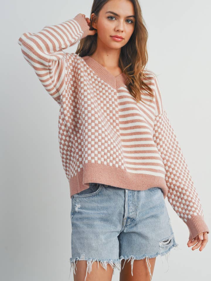 BUTTERMELON - Wholesale Knit Sweater - Women's - Frenchy Checker Pattern Drop Shoulder Sweater - BMW7311