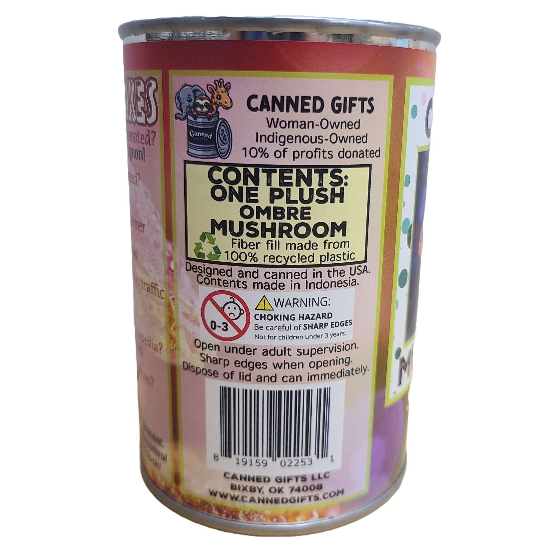 Canned Gifts - Wholesale Gag Gift/Novelty Gift - Canned Mushroom - Ombre Rainbow Mushroom Plush Gift w/Jokes4