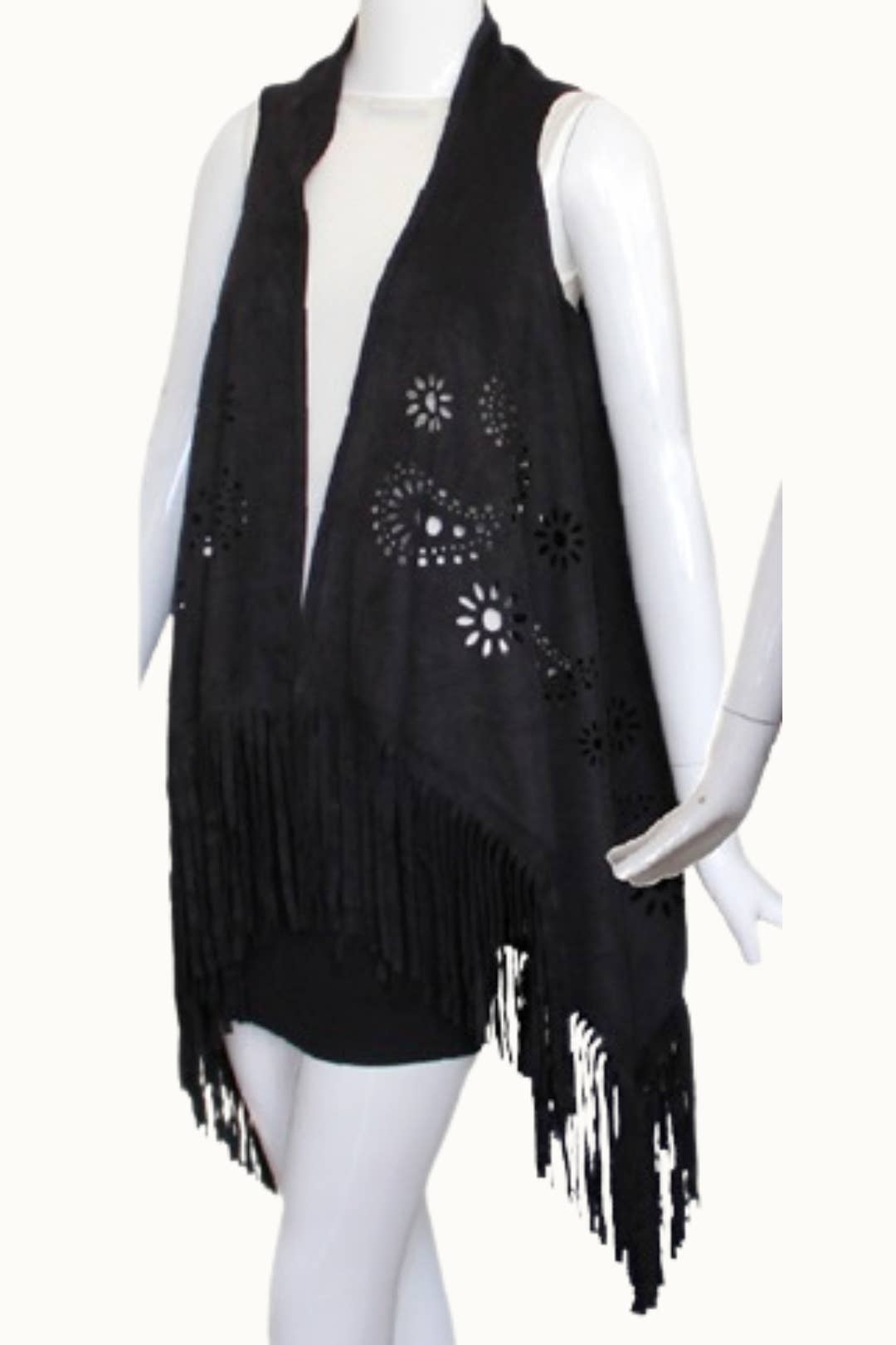 Olive & Pique - Venta al por mayor Chaleco de punto - Mujer - Chaleco vegano de gamuza con borlas y detalles recortados4