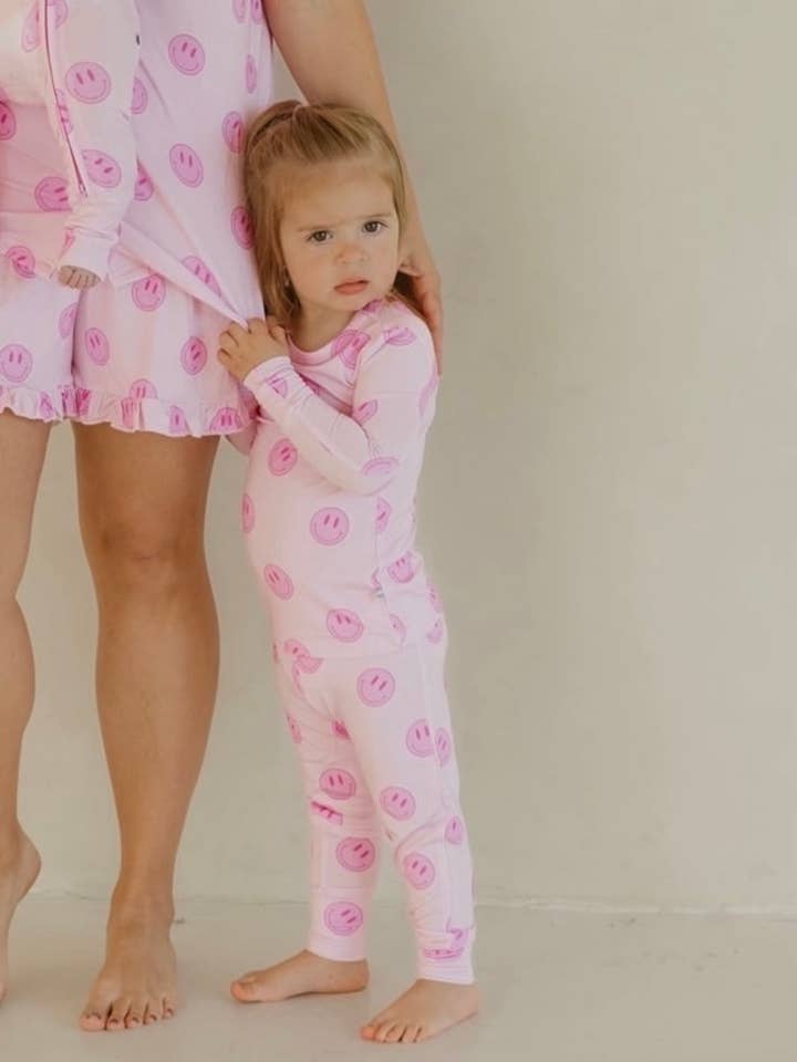 Pink Smiley | Bamboo Two Piece Pajamas for wholesale by Baylor Moon