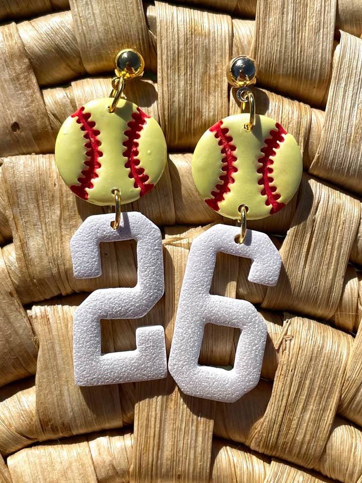Custom Large Baseball Ball Dangle Handmade Clay Earrings for wholesale by KBH CREATIONS