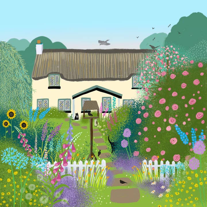Rose Cottage - Signeret Giclee Print, landhus med sommerhave. Kunsttryk, Boligindretning, Kontorkunst. Udskriv kun eller indrammet. for engroshandel hos Galloway Arts