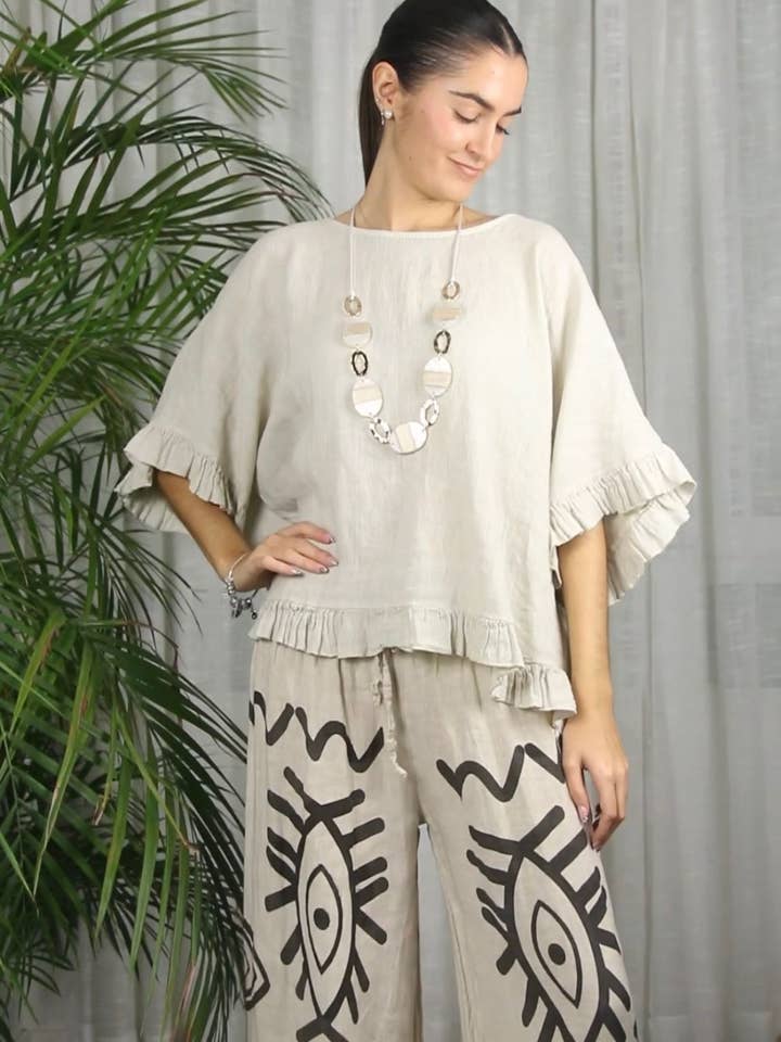 Linen & More - Wholesale Blouse - Women's - REF 10740 100% LINEN RUFFLE BLOUSE