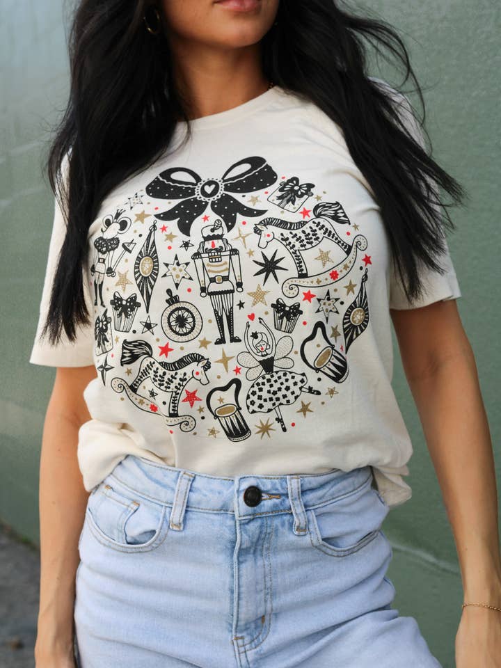 Small Town Society Apparel Co. - Wholesale Screen Printed T-Shirt - Women's - Nutcracker Christmas | Vintage White | Short Sleeve Tee