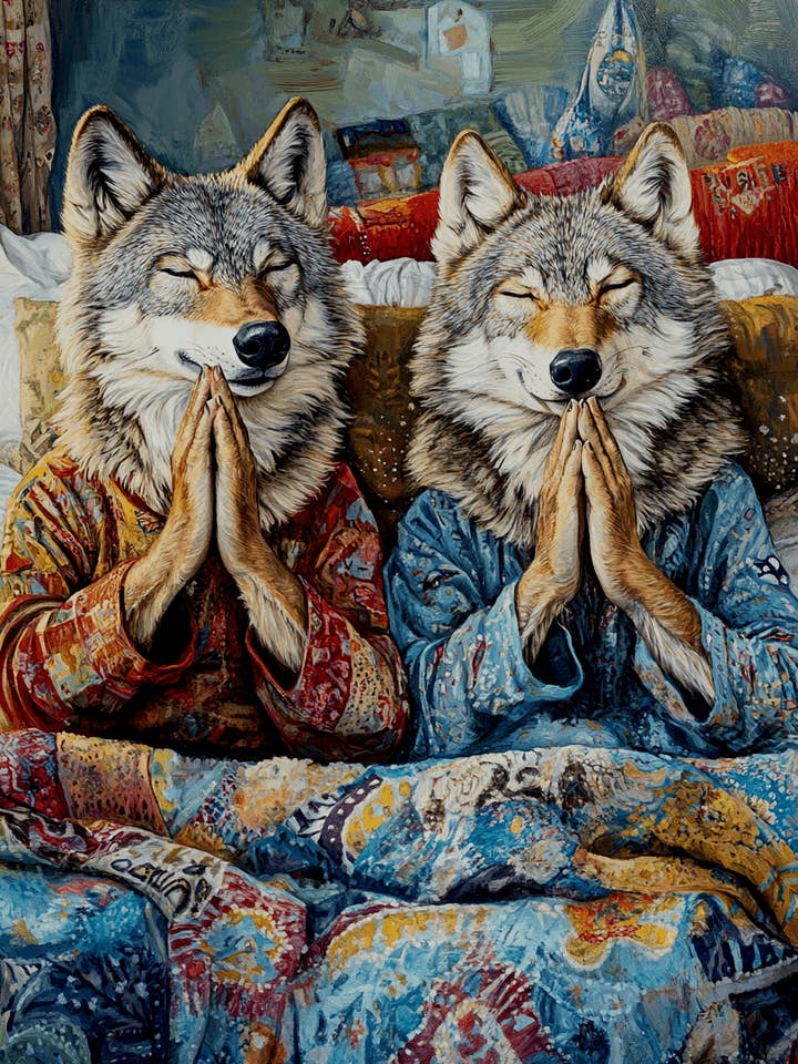 Dois Lobos de Pijama a Rezar - Impressões de Arte para Quarto – Obra de 8″x10″ em Passepartout de 11″x14″ por atacado de Mowbi