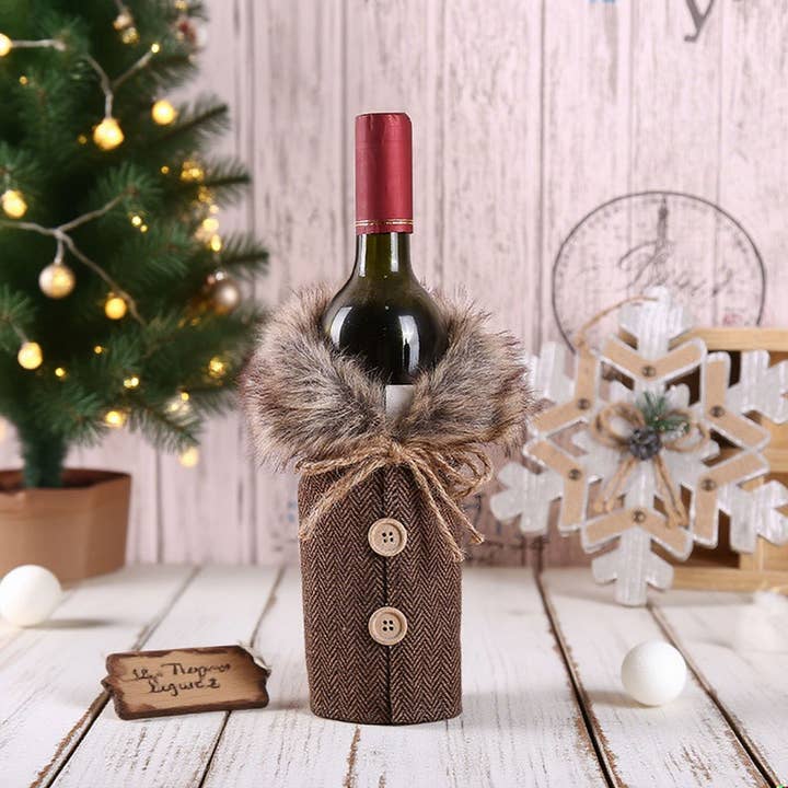 MKS America - Wholesale Christmas Decoration - Christmas Decorative Fur-Collar Plaid Wine Bottle Cover5