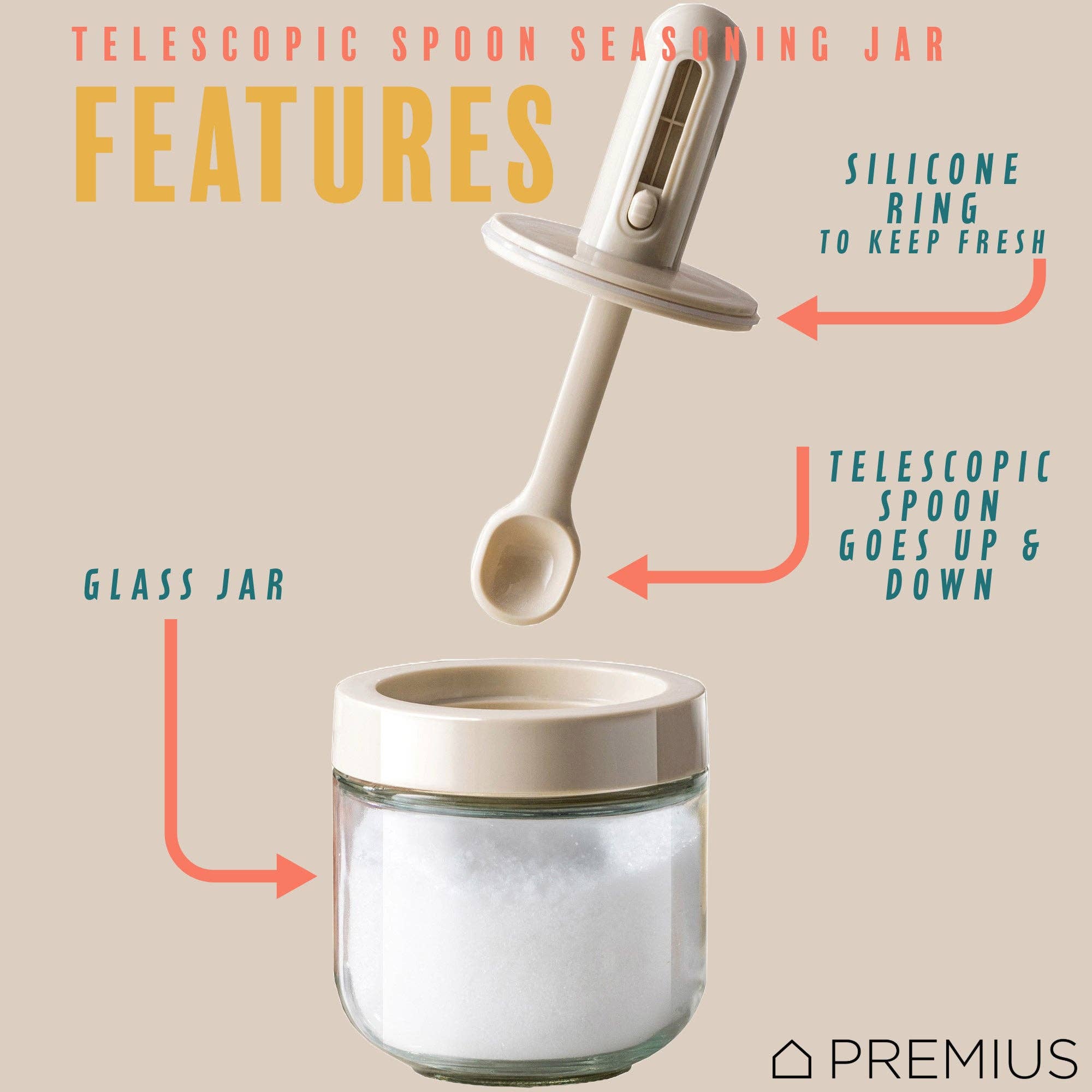 ShopBobbys – wholesale Jar – PREMIUS Telescopic Spoon Spice Seasoning Glass Container Jar, White, 10.15 Ounces, 3x3x5 Inches1