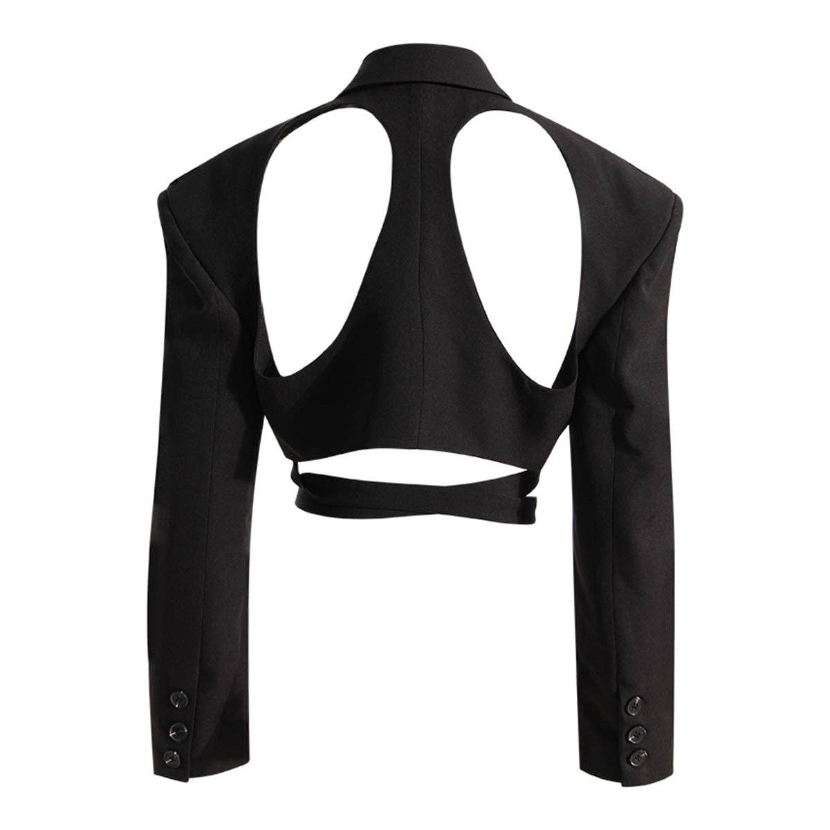 Svart M10 Texturerad Svart Kavaj med Öppen Rygg och Midjeband för wholesale på Faire1