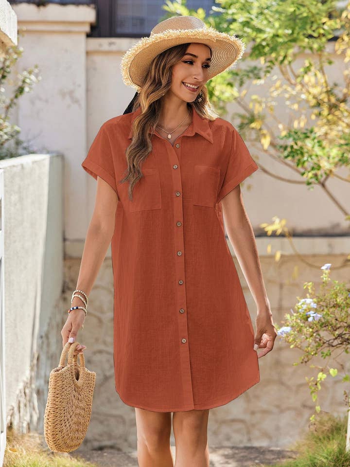 Lovesoft - Venta al por mayor Vestido - Mujer - Vestido de verano 2025 de manga corta a rayas de algodón y lino de longitud media tipo camisa