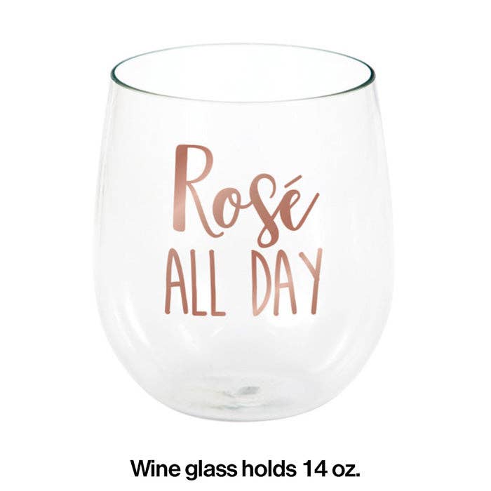 Bulk Party Decor - Wholesale Wine Glass - Rose All Day Plastic Stemless Wine Glasses, 1/Pkg