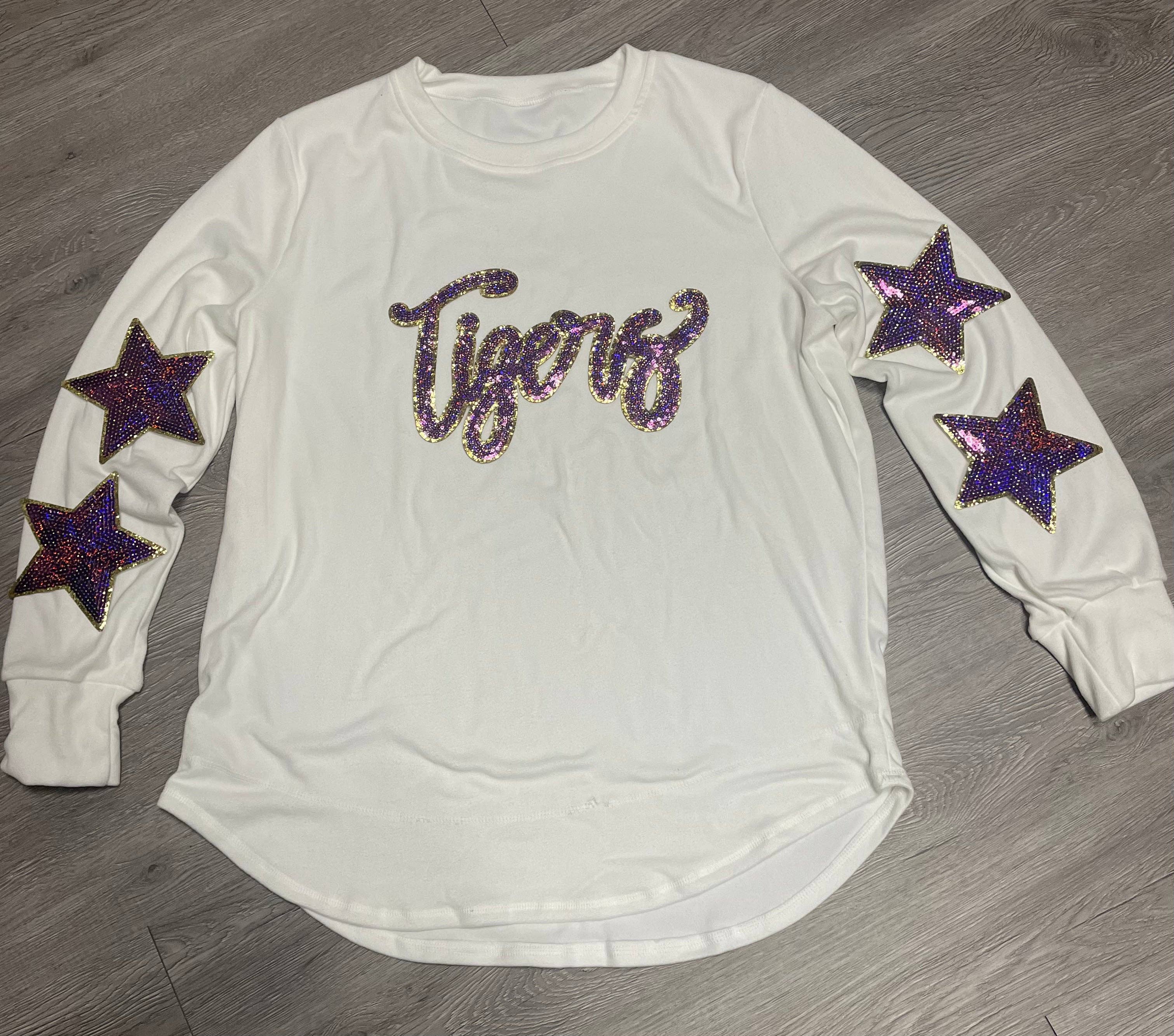 sequinandstiches – Großhandel Aufnäher – Tigers Purple Game Day Pailletten-Patch, Pailletten-Stern-Aufnäher, DIY-Aufnäher, Aufnäher zum Aufbügeln, goldene Glitzer-Rückseite8