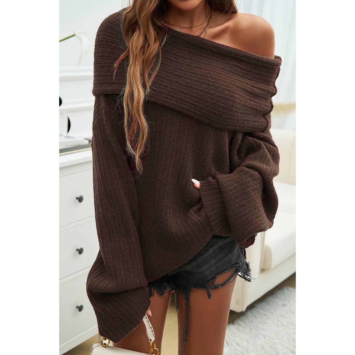 Supreme Fashion – wholesale Pullovertröja - Dam – Solid långärmad off shoulder lös tröja3