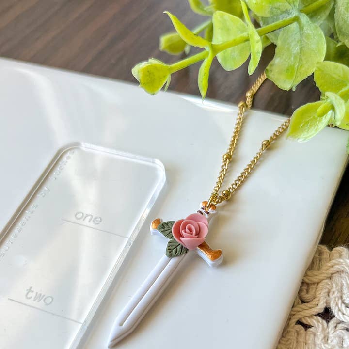 white sword necklace with pink rose | 18" chain for wholesale by Retrochrome Creations