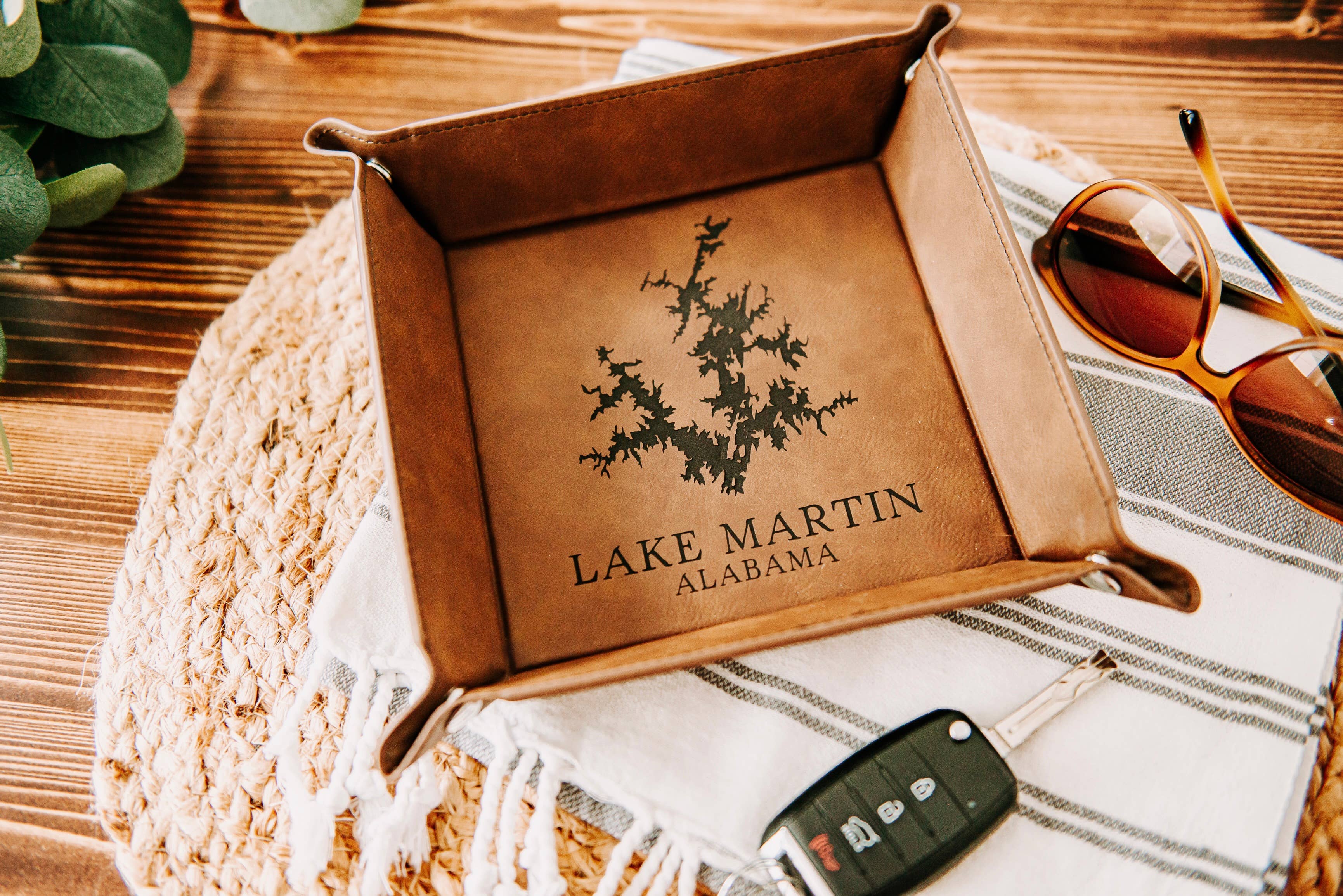 The Lillie Pad - Wholesale Decorative Tray - Custom Lake Map Engraved Leatherette Valet Tray1