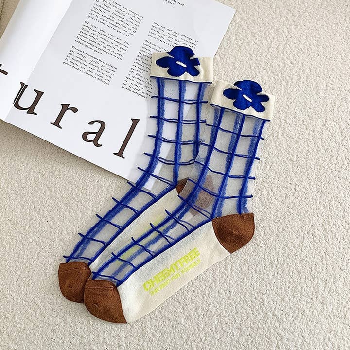 ACCITY - Wholesale Socks - Women's - FLORAL KLEIN BLUE STRIPED GLASS STOCKINGS_CWMS0524