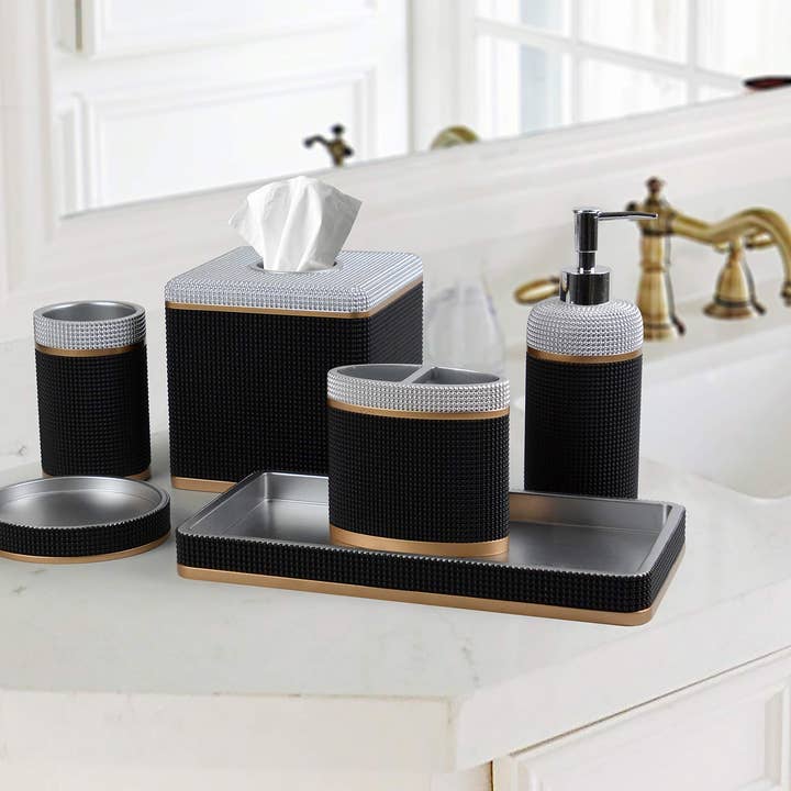 6 Piece Gold Black Poly Resin Bathroom Accessory Set for wholesale on Faire1