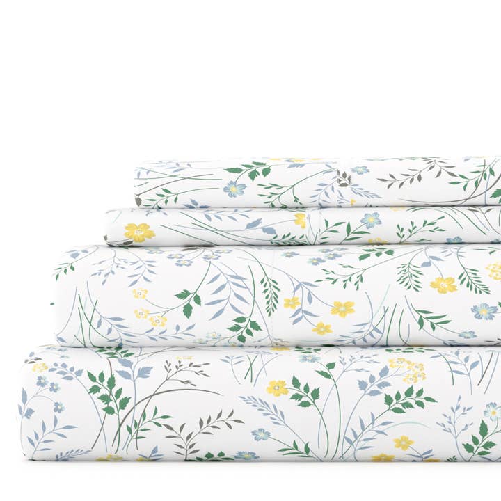 Bleu Clair Ensemble de draps 4 pièces à motif de fleurs sauvages iEnjoy Home en vente sur Faire3