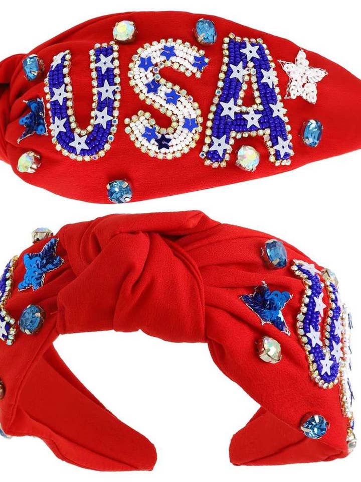 Usa Patriotic Lettering Jeweled Beaded Headband H14046RD for wholesale by anbfashion