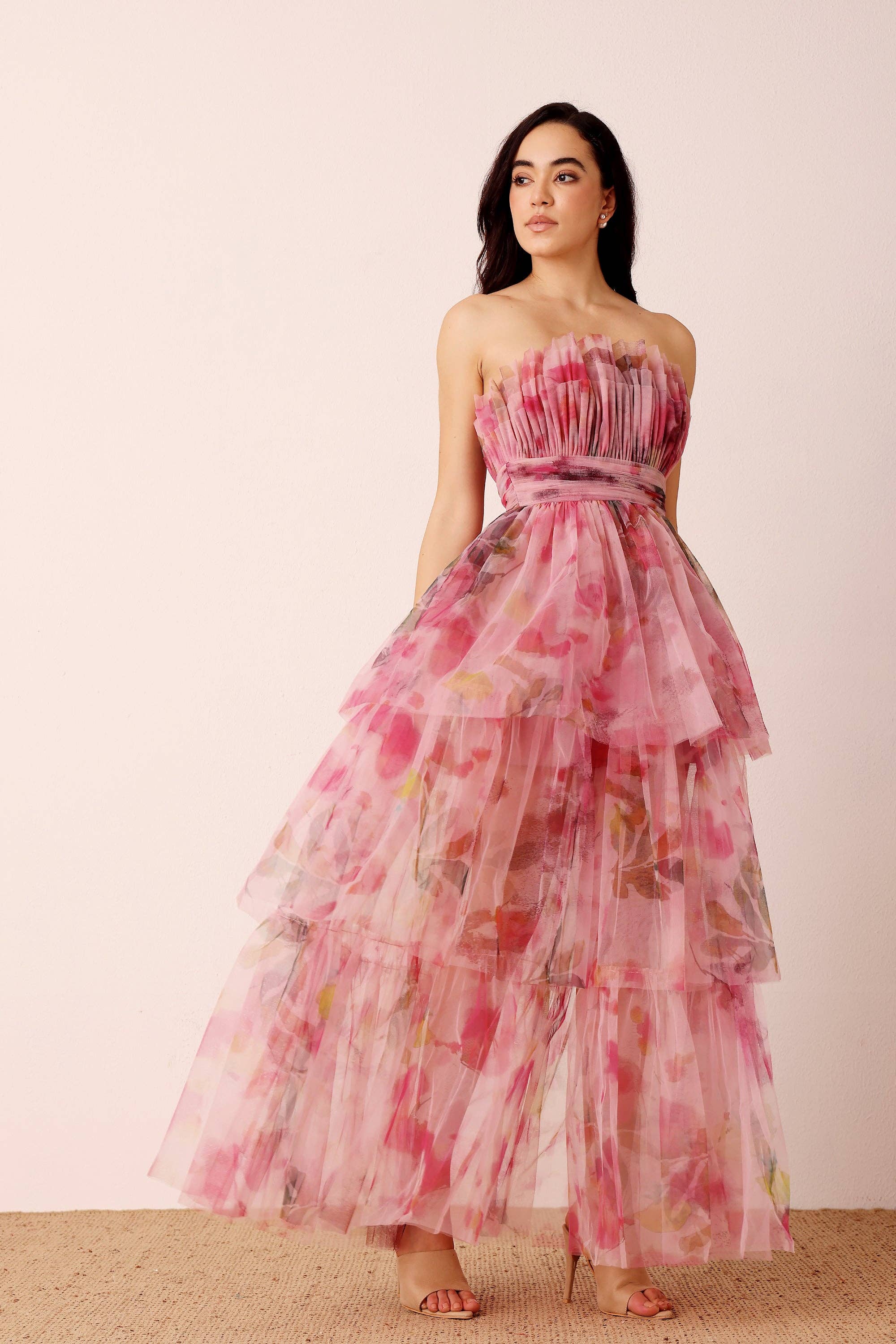 Natalia Tulle Maxi Dress in Vivid Pink Purple Floral for wholesale on Faire5