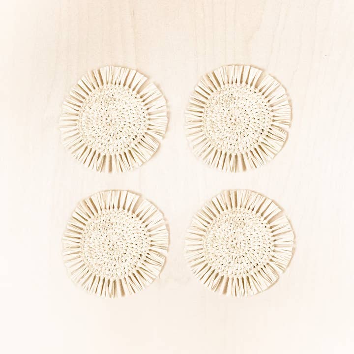 LIKHÂ - Wholesale Coasters - Natural Raffia Round Crochet Coasters with Fringe, set of 41