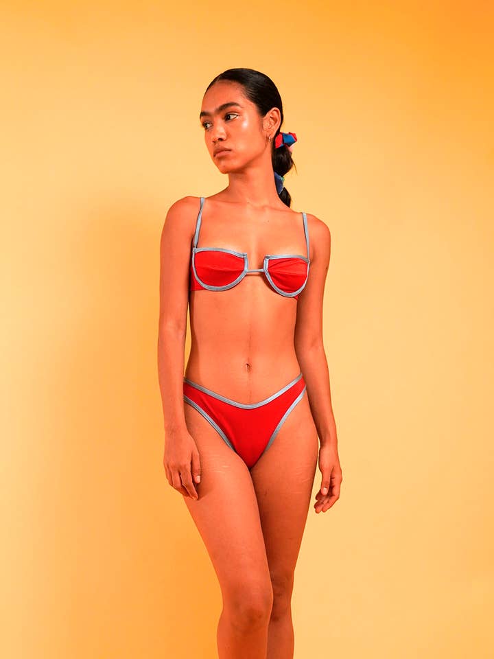 Blue on Red Bikini Top for wholesale by Fenáreta