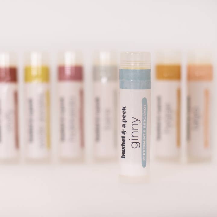 Bushel & a Peck Organic Skincare and Beauty - Wholesale Lip Balm - Ginny Lip Balm: Peppermint + Bergamot1